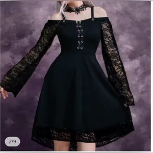 NWT whimsigoth black lace detail bell sleeve lace up black mini dress size 4XL